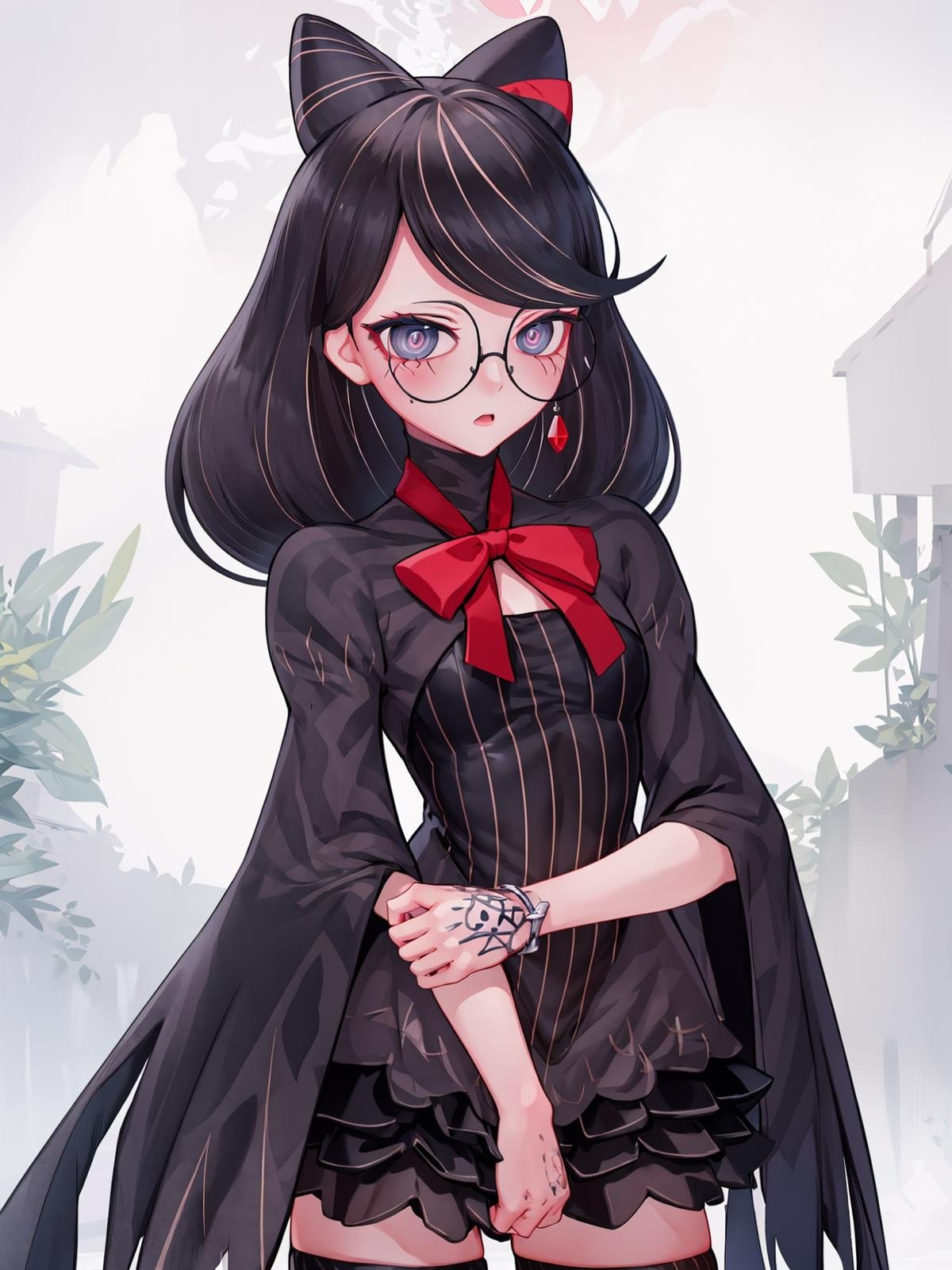 (extremely detailed CG), (best quality), 1girl, perfect face, bright pupils, (finely detailed beautiful eyes), shiny skin, lustrous skin, wide hips, narrow waist,  glasses, red ribbon, hair bun, hair ribbon, streaked hair, jewelry, earrings, braid, vertical-striped thighhighs, striped dress, cowboy shot, <lora:Cereza:0.9>