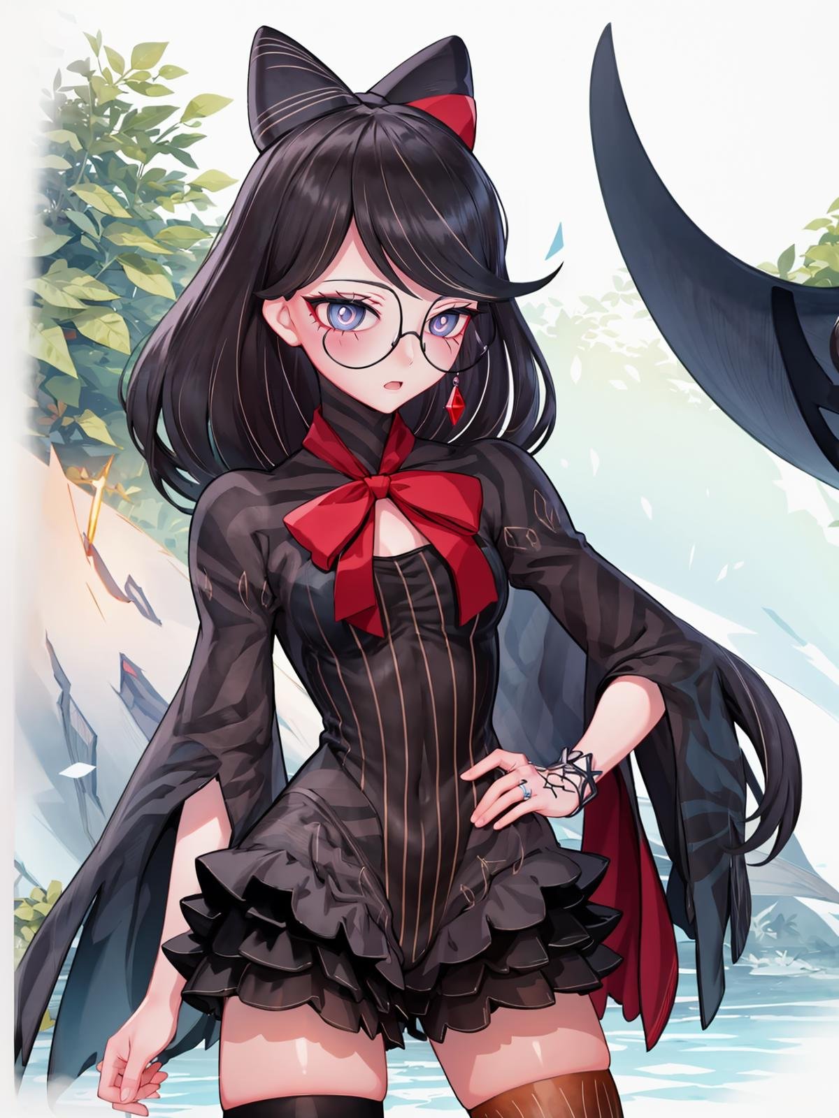 (extremely detailed CG), (best quality), 1girl, perfect face, bright pupils, (finely detailed beautiful eyes), shiny skin, lustrous skin, wide hips, narrow waist,  glasses, red ribbon, hair bun, hair ribbon, streaked hair, jewelry, earrings, braid, vertical-striped thighhighs, striped dress, cowboy shot, <lora:Cereza:0.9>