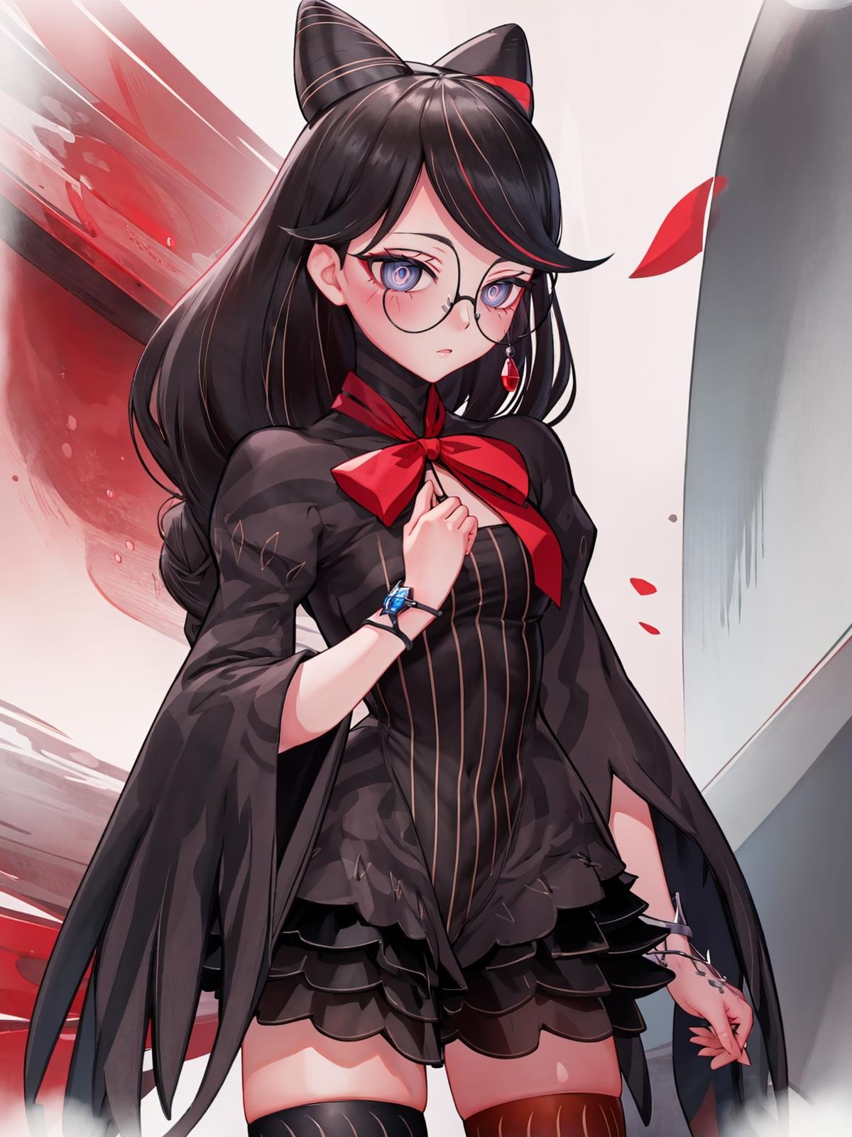 (extremely detailed CG), (best quality), 1girl, perfect face, bright pupils, (finely detailed beautiful eyes), shiny skin, lustrous skin, wide hips, narrow waist,  glasses, red ribbon, hair bun, hair ribbon, streaked hair, jewelry, earrings, braid, vertical-striped thighhighs, striped dress, cowboy shot, <lora:Cereza:0.9>