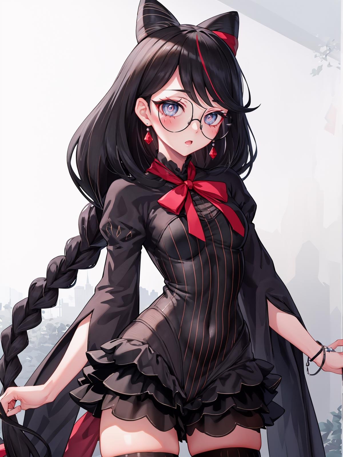 (extremely detailed CG), (best quality), 1girl, perfect face, bright pupils, (finely detailed beautiful eyes), shiny skin, lustrous skin, wide hips, narrow waist,  glasses, red ribbon, hair bun, hair ribbon, streaked hair, jewelry, earrings, braid, vertical-striped thighhighs, striped dress, cowboy shot, <lora:Cereza:0.7>