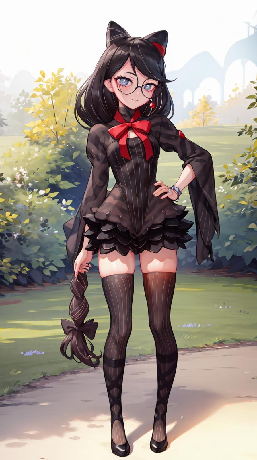 (extremely detailed CG), (best quality), 1girl, perfect face, very long hair, bright pupils, (finely detailed beautiful eyes), shiny skin, lustrous skin, wide hips, narrow waist, glasses, red ribbon, hair bun, hair ribbon, streaked hair, jewelry, earrings, braid, vertical-striped thighhighs, striped dress, full body, depth of field, standing, v legs, hand on hip, light smile, <lora:Cereza:0.9>