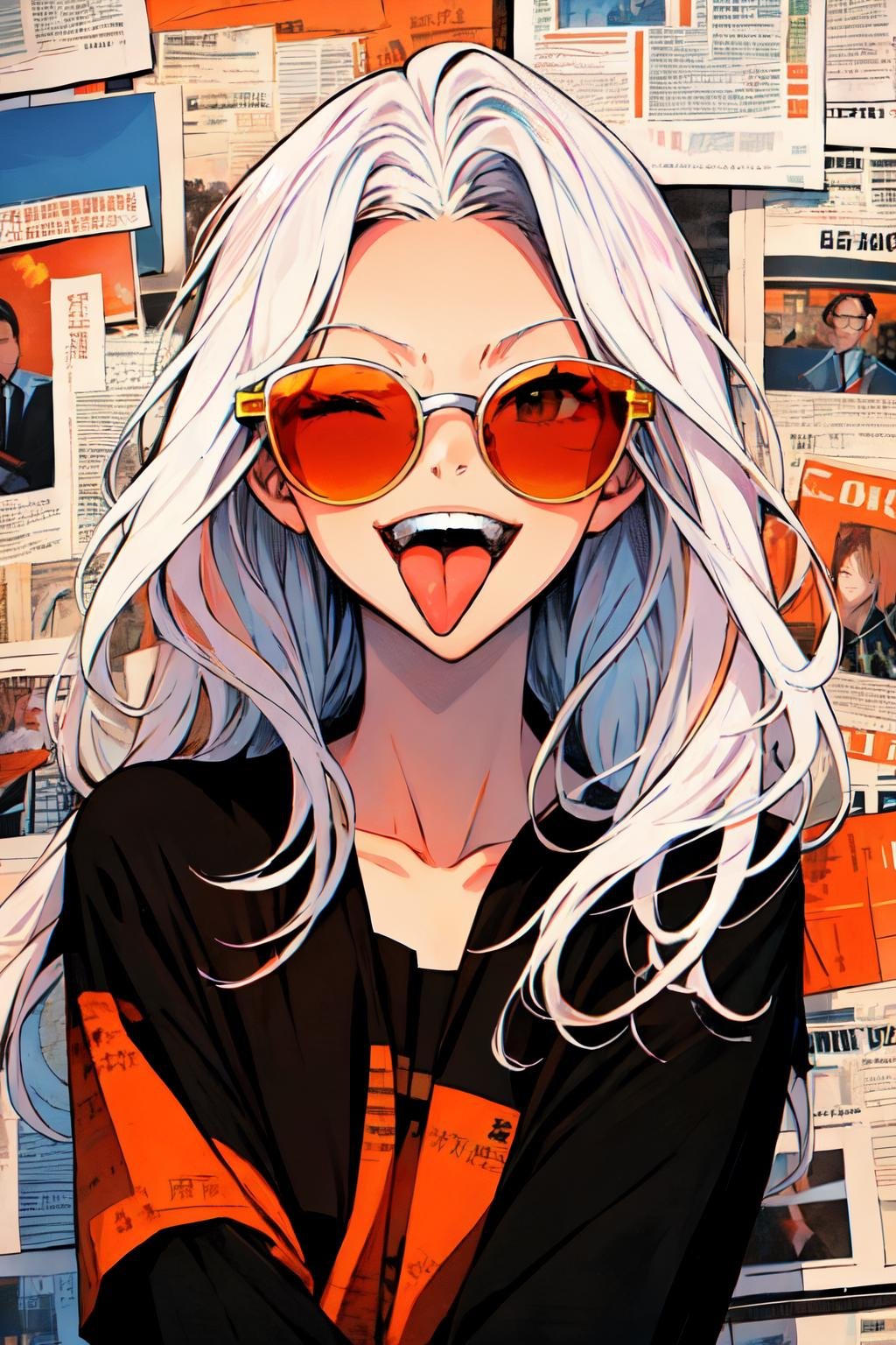 newspaper wall, newspaper, teeth, shirt, white hair, tinted eyewear, orange-tinted eyewear, tongue, long hair, solo, one eye closed, upper body, 1girl, smile, open mouth, tongue out, looking at viewer, collarbone, black shirt, sunglasses<lora:newspaper_wall:1> 