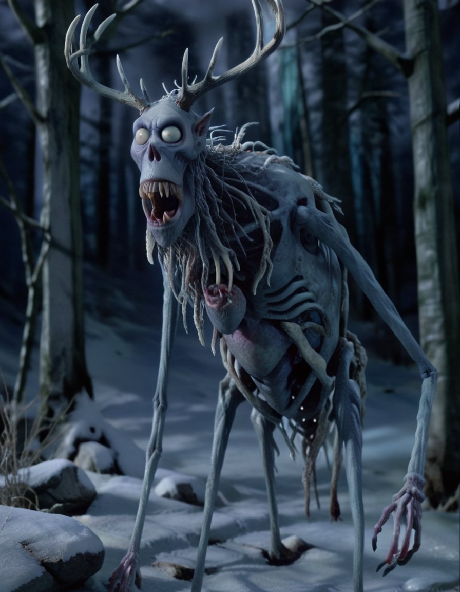 stopmotion, Wendigo: Emaciated, Cannibalistic, Winter-bound, Gaunt, Hunger-driven, Supernatural, Frigid, Frostbitten <lora:STOPMO_2.0_RC:1.0>