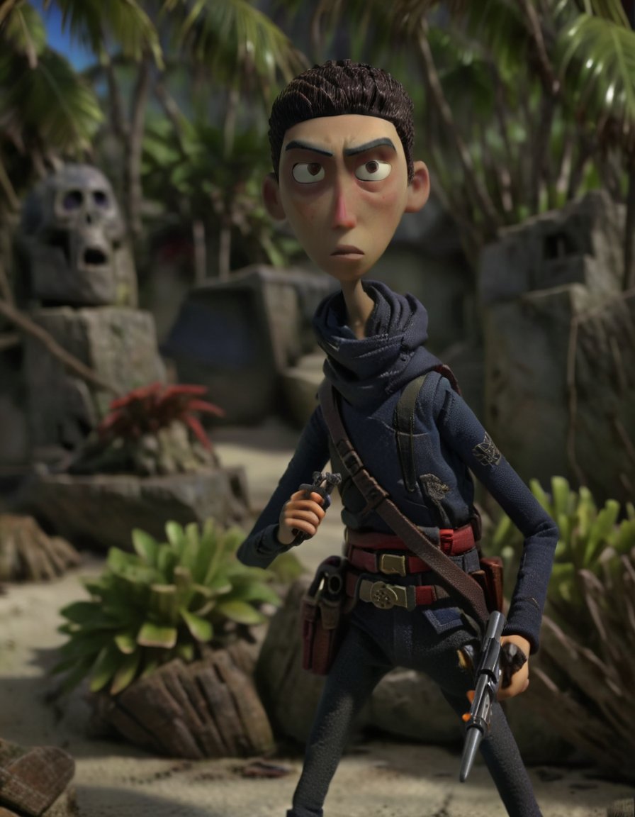 stopmotion, a boy character Assassin, shadowy, stealth, daggers, deadly, silent, ruthless, contract killer, clandestine, precise, lethal., Coral Atoll, tilt-shift, gloomy <lora:STOPMO_2.0_RC:1.0>