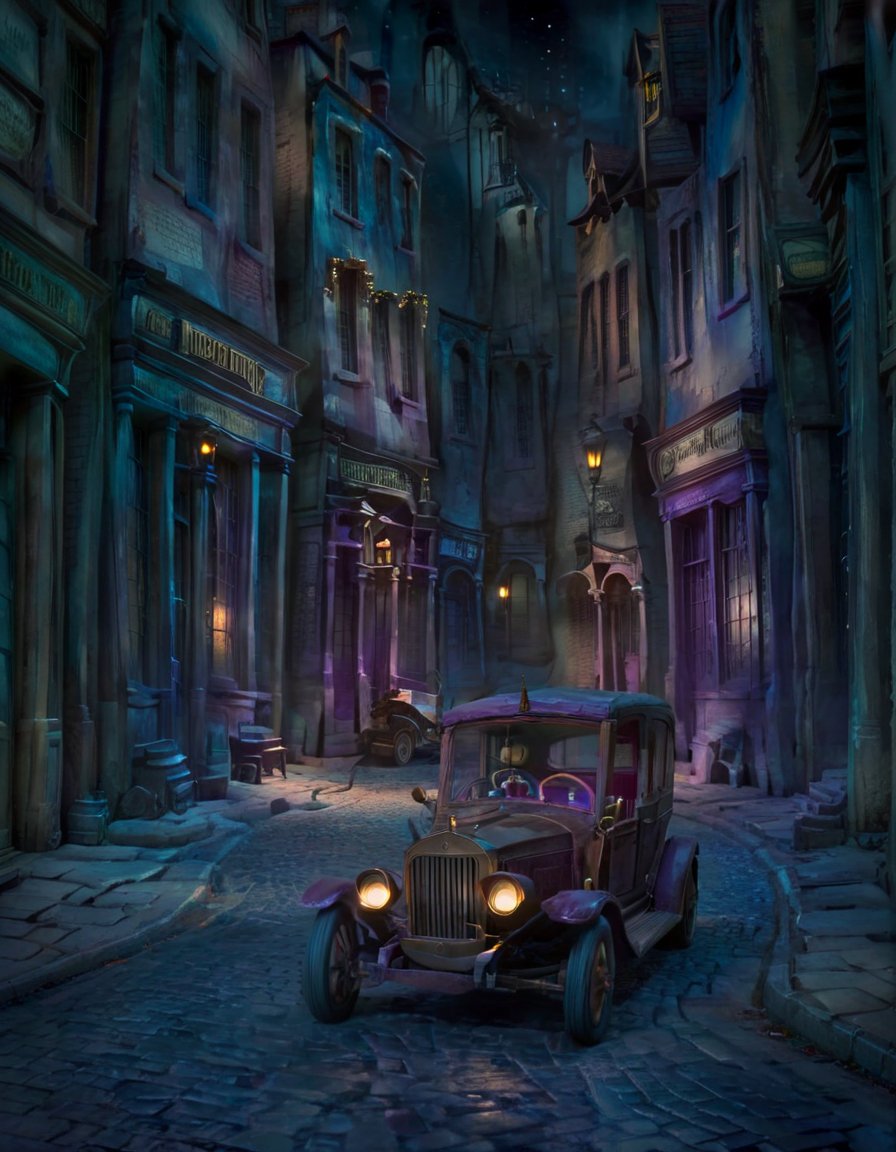 stopmotion, a Antique car in Diagon Alley landscape at Nighttime <lora:STOPMO_2.0_RC:1>