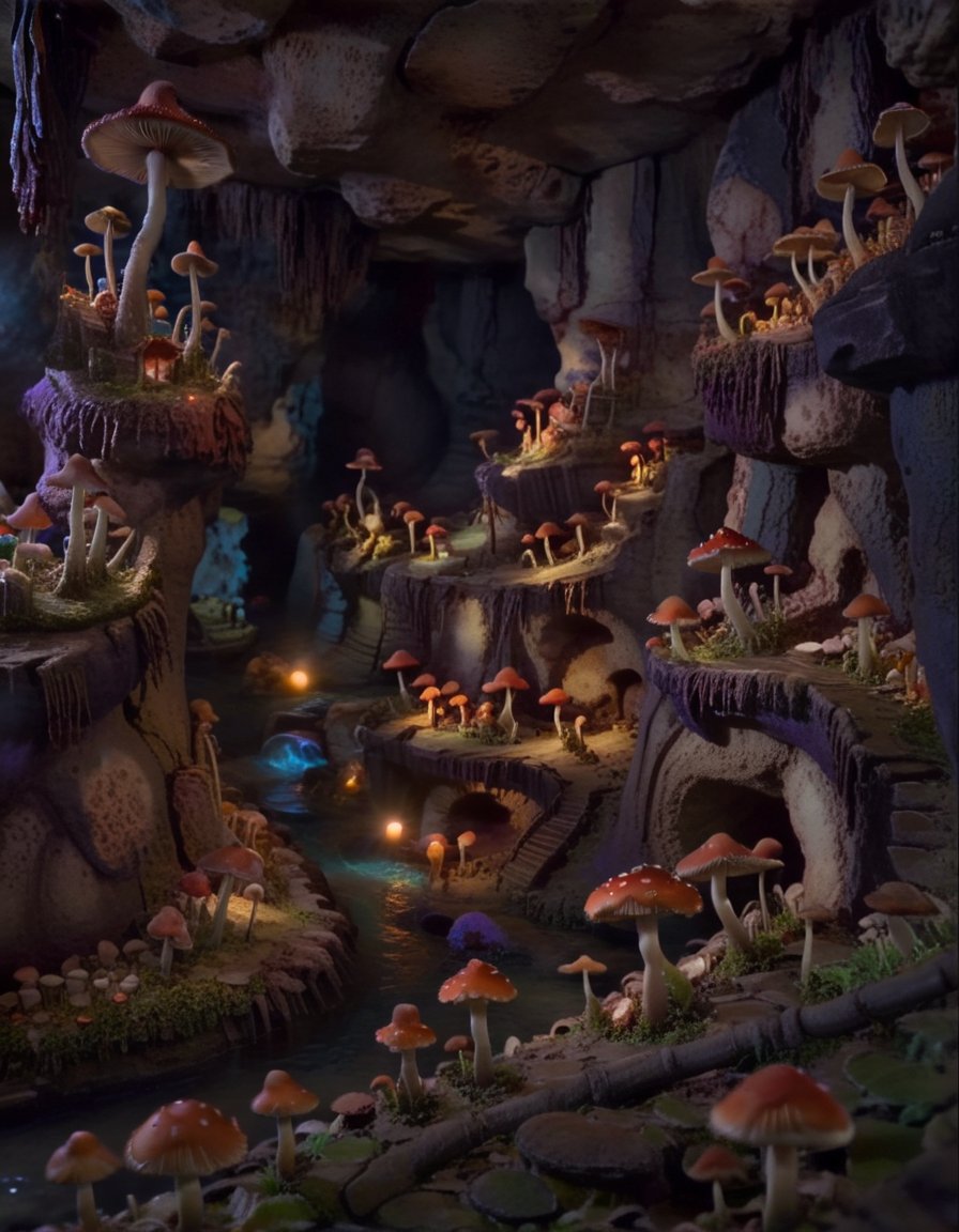 stopmotion, Underground Wonderland: Glowing mushrooms, underground rivers, curious subterranean creatures, ancient caverns., tilt-shift, gloomy <lora:STOPMO_2.0_RC:1.0>