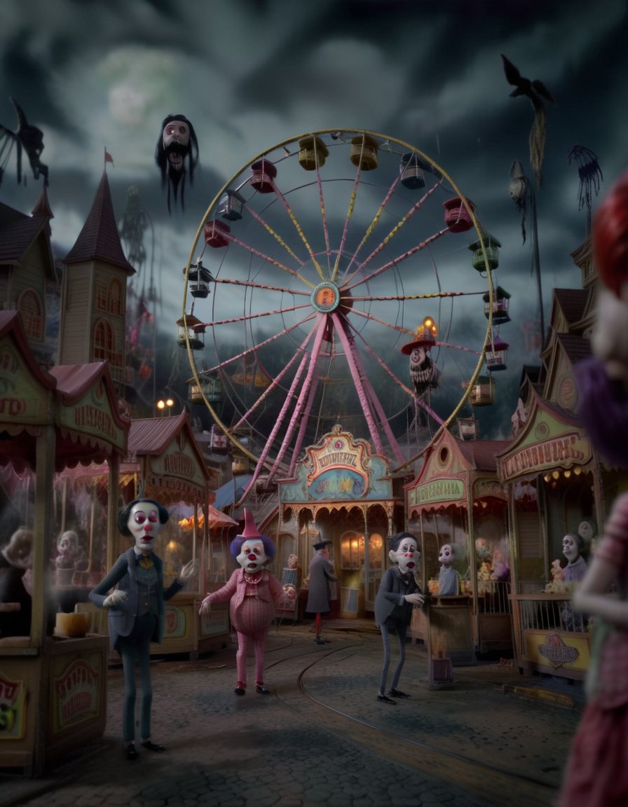 stopmotion, Haunted Carnival: Eerie carnival rides, spooky clowns, ghostly cotton candy vendors, misty funhouses, haunted Ferris wheel., tilt-shift, gloomy <lora:STOPMO_2.0_RC:1.0>