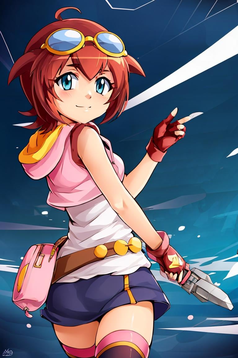 <lora:ricegnat_style:0.8>,((masterpiece,best quality)), absurdres, <lora:Amano_Madoka_Beyblade:0.8>, Amano_Madoka_Beyblade, 1girl, solo, short hair, aqua eyes, brown hair, goggles on head, skirt, zettai ryouiki, white thigh highs, pink hoodie,  fingerless glove, peach sign, solo, smile, looking at viewer,