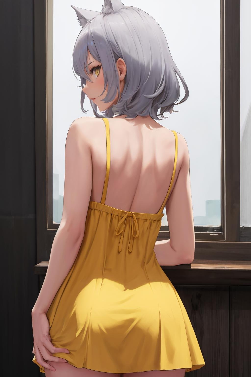 masterpiece, best quality, 1girl, solo, <lora:maya-al-richy-v1:1> maya, yellow sundress, from behind, back, grey hair