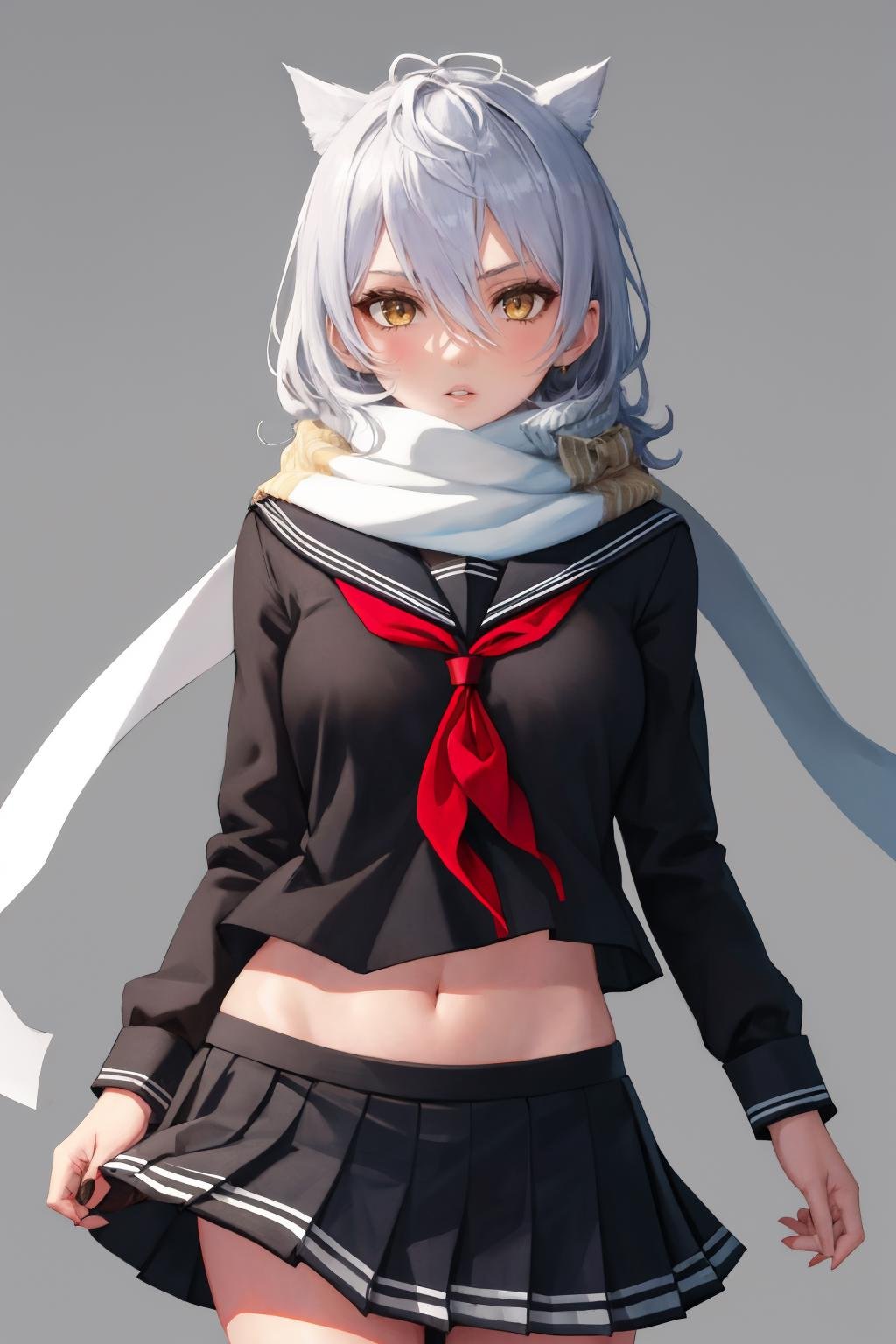 masterpiece, best quality, 1girl, solo, <lora:maya-al-richy-v1:1> maya, school uniform, white scarf, black serafuku, black shirt, pleated skirt, standing, looking at viewer, parted lips, 