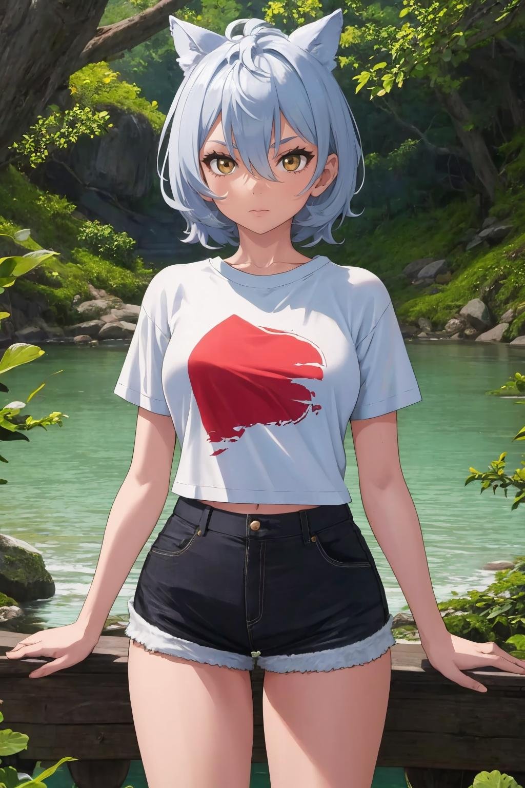 masterpiece, best quality, 1girl, solo, <lora:maya-al-richy-v1:1> maya, standing, tshirt, short shorts