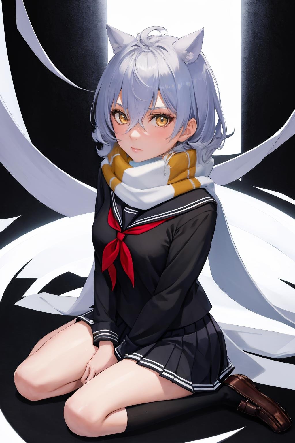 masterpiece, best quality, 1girl, solo, <lora:maya-al-richy-v1:1> maya, school uniform, white scarf, black serafuku, black shirt, pleated skirt, looking at viewer, kneehighs, black socks, full body, sitting