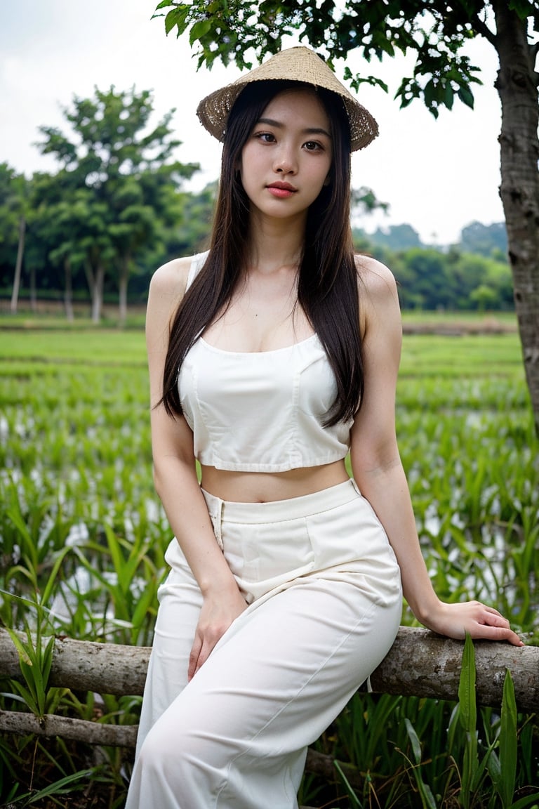 (8K, Ultra high res:1.1) Nguyen, an 18-year-old Vietnamese girl, stands amidst the serene beauty of a rice paddy field. She wears a traditional áo bà ba and a Non La (conical hat), symbolizing her connection to Vietnamese culture. The high-resolution image captures ultra-detailed realism, highlighting Nguyen's captivating brown eyes, flawless complexion, and long black hair. The lush green rice paddies and the gentle breeze create a tranquil ambiance, emphasizing Nguyen's appreciation for nature and her Vietnamese heritage.