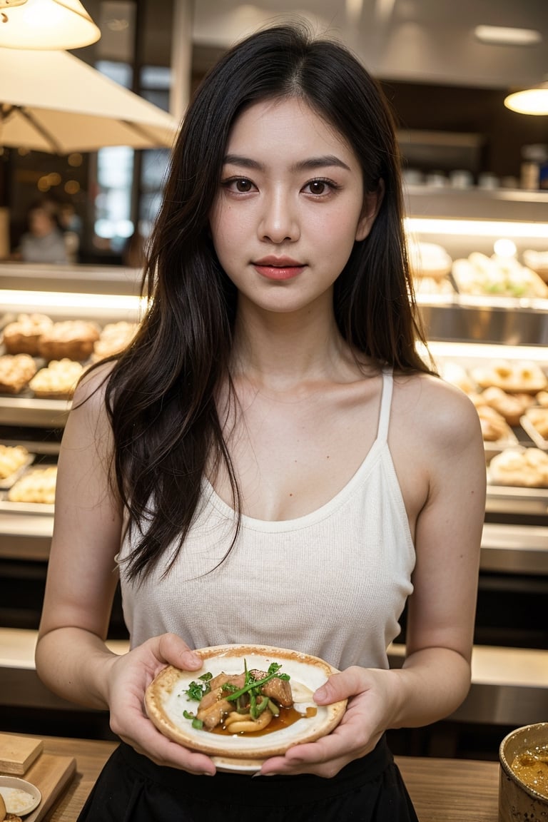 (8K, Ultra high res:1.1) Nguyen, an 18-year-old Vietnamese girl, embarks on a dynamic street food adventure. She indulges in a variety of delicious Vietnamese dishes while wearing a casual yet stylish outfit. Nguyen's captivating brown eyes, flawless complexion, and long black hair are highlighted in the high-resolution image. The vibrant street food stalls and the mouthwatering aroma of Vietnamese cuisine add to the energetic atmosphere, capturing Nguyen's love for culinary exploration and her youthful appetite for new experiences.