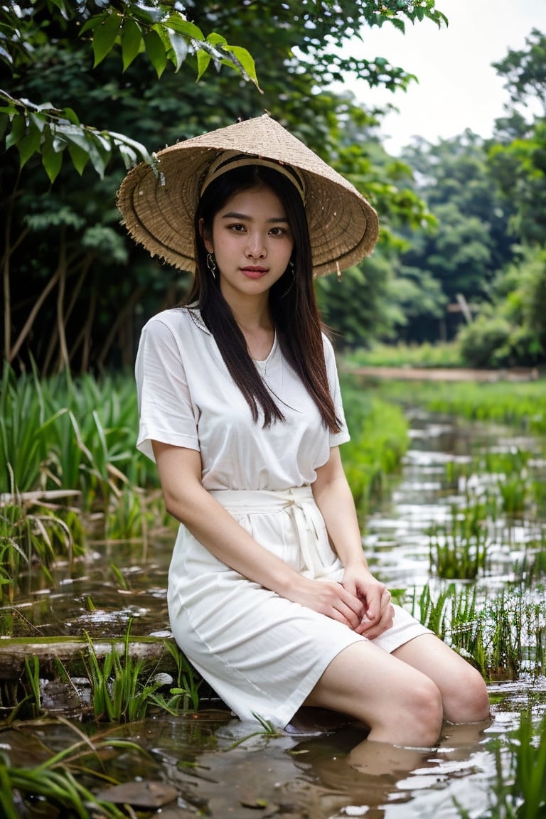 (8K, Ultra high res:1.1) Nguyen, an 18-year-old Vietnamese girl, stands amidst the serene beauty of a rice paddy field. She wears a traditional áo bà ba and a Non La (conical hat), symbolizing her connection to Vietnamese culture. The high-resolution image captures ultra-detailed realism, highlighting Nguyen's captivating brown eyes, flawless complexion, and long black hair. The lush green rice paddies and the gentle breeze create a tranquil ambiance, emphasizing Nguyen's appreciation for nature and her Vietnamese heritage.