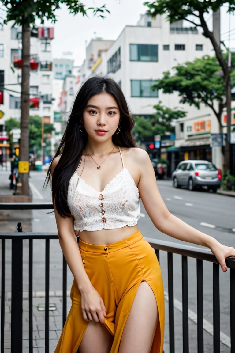 (8K, Ultra high res:1.1) Nguyen, an 18-year-old vibrant Vietnamese girl, exudes youthful charm in a modern Vietnamese-inspired outfit. She wears a stylish áo dài with contemporary patterns and designs, showcasing her fashion-forward sense. The high-resolution image captures ultra-detailed realism, highlighting Nguyen's captivating brown eyes, flawless complexion, and long black hair. The urban backdrop with its colorful street art and bustling cityscape adds a touch of youthful energy, creating a visually captivating representation of Nguyen's modern Vietnamese style.,Nguyen