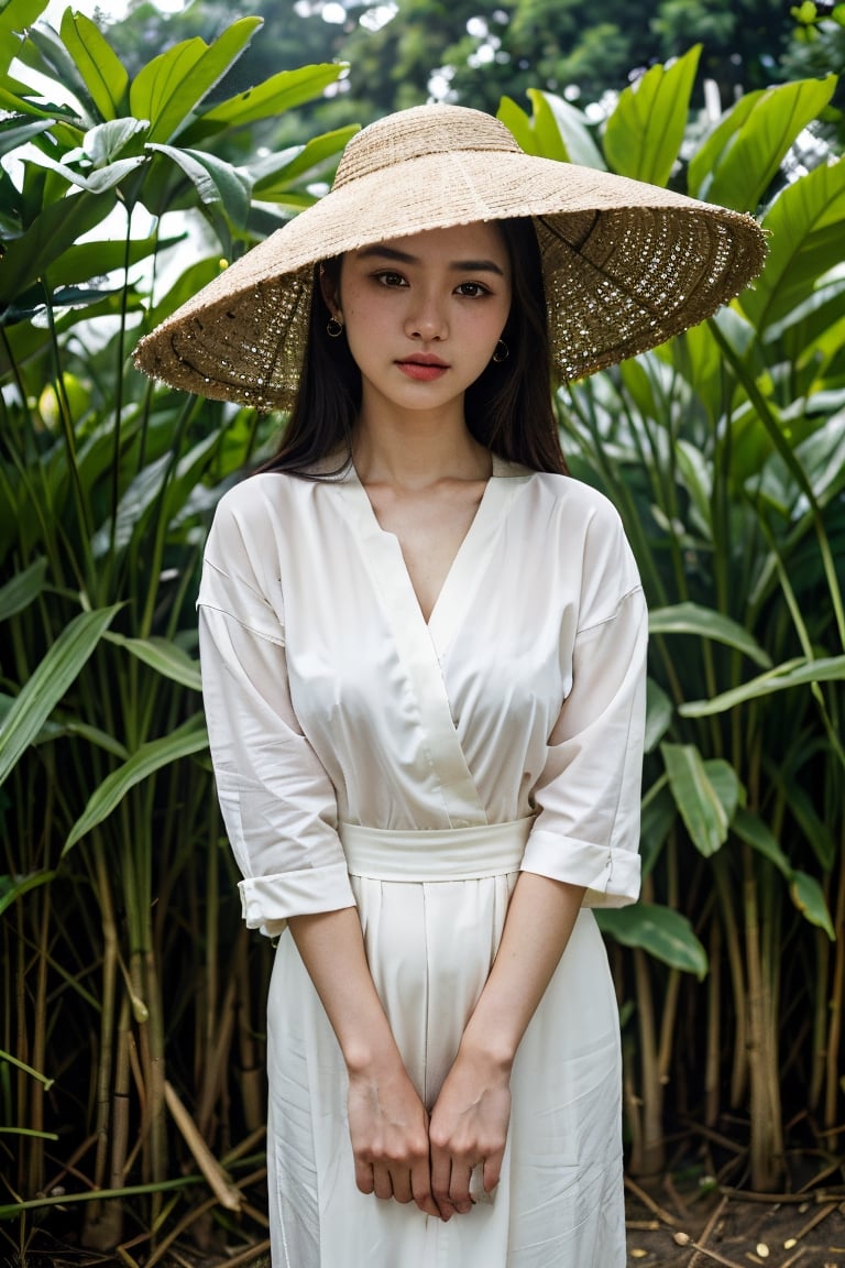 (8K, Ultra high res:1.1) Nguyen, an 18-year-old Vietnamese girl, stands amidst the serene beauty of a rice paddy field. She wears a traditional áo bà ba and a Non La (conical hat), symbolizing her connection to Vietnamese culture. The high-resolution image captures ultra-detailed realism, highlighting Nguyen's captivating brown eyes, flawless complexion, and long black hair. The lush green rice paddies and the gentle breeze create a tranquil ambiance, emphasizing Nguyen's appreciation for nature and her Vietnamese heritage.