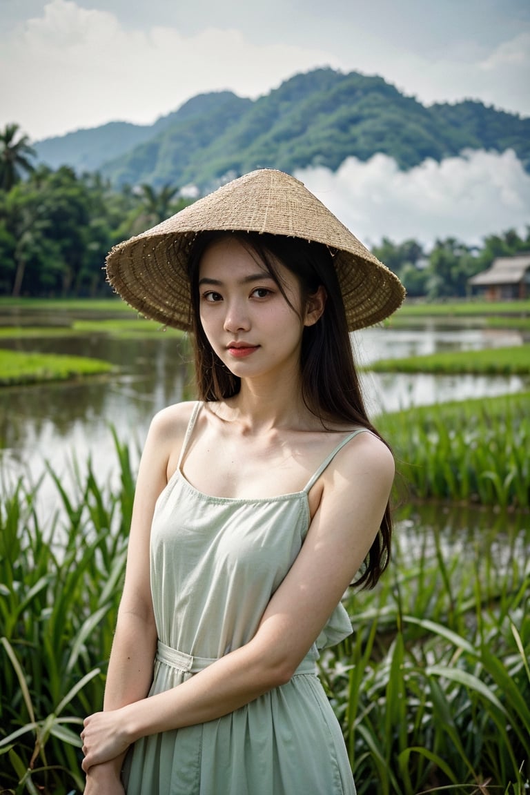 (8K, Ultra high res:1.1) Nguyen, an 18-year-old Vietnamese girl, stands amidst the serene beauty of a rice paddy field. She wears a traditional áo bà ba and a Non La (conical hat), symbolizing her connection to Vietnamese culture. The high-resolution image captures ultra-detailed realism, highlighting Nguyen's captivating brown eyes, flawless complexion, and long black hair. The lush green rice paddies and the gentle breeze create a tranquil ambiance, emphasizing Nguyen's appreciation for nature and her Vietnamese heritage.