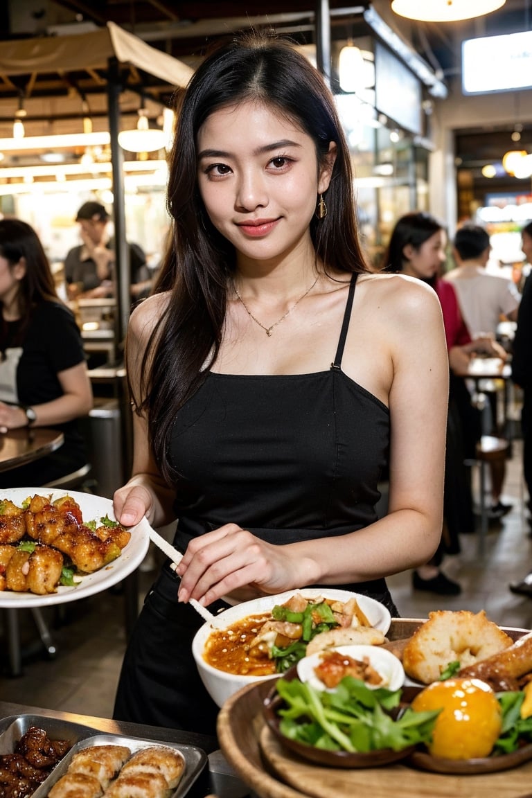 (8K, Ultra high res:1.1) Nguyen, an 18-year-old Vietnamese girl, embarks on a dynamic street food adventure. She indulges in a variety of delicious Vietnamese dishes while wearing a casual yet stylish outfit. Nguyen's captivating brown eyes, flawless complexion, and long black hair are highlighted in the high-resolution image. The vibrant street food stalls and the mouthwatering aroma of Vietnamese cuisine add to the energetic atmosphere, capturing Nguyen's love for culinary exploration and her youthful appetite for new experiences.