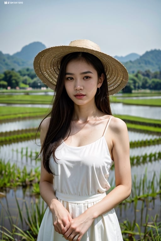 (8K, Ultra high res:1.1) Nguyen, an 18-year-old Vietnamese girl, stands amidst the serene beauty of a rice paddy field. She wears a traditional áo bà ba and a Non La (conical hat), symbolizing her connection to Vietnamese culture. The high-resolution image captures ultra-detailed realism, highlighting Nguyen's captivating brown eyes, flawless complexion, and long black hair. The lush green rice paddies and the gentle breeze create a tranquil ambiance, emphasizing Nguyen's appreciation for nature and her Vietnamese heritage.