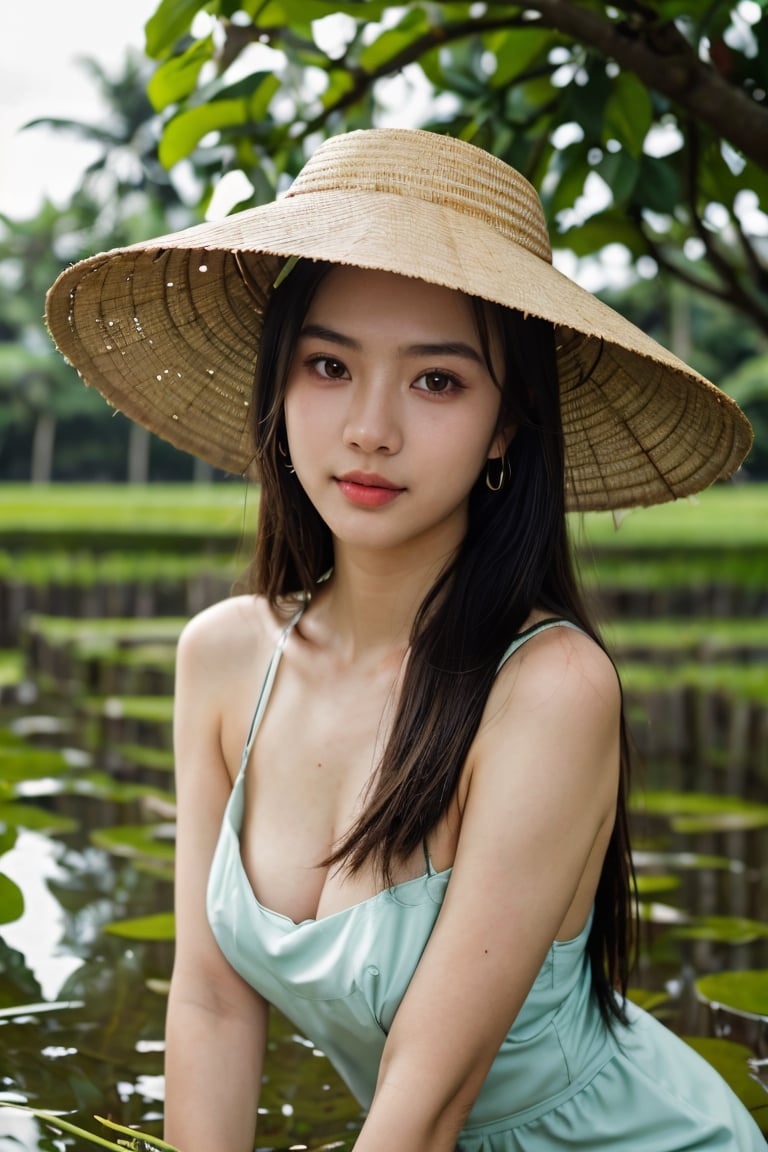 RAW photo, the most beautiful woman in the world on a bed, with a seductive looking at the camera, (pretty face: 1.2), (high detail skin: 1.2), 8K, UHD, DSLR, soft lighting, high quality, film grain, inst4 style, aesthetic portrait, Nguyen, an 18-year-old Vietnamese girl, stands amidst the serene beauty of a rice paddy field. She wears a traditional áo bà ba and a Non La (conical hat), symbolizing her connection to Vietnamese culture. The high-resolution image captures ultra-detailed realism, highlighting Nguyen's captivating brown eyes, flawless complexion, and long black hair. The lush green rice paddies and the gentle breeze create a tranquil ambiance, emphasizing Nguyen's appreciation for nature and her Vietnamese heritage.