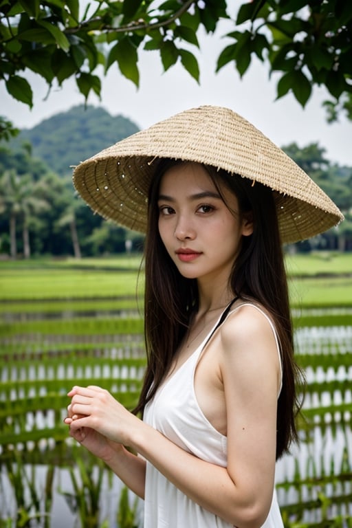 (8K, Ultra high res:1.1) Nguyen, an 18-year-old Vietnamese girl, stands amidst the serene beauty of a rice paddy field. She wears a traditional áo bà ba and a Non La (conical hat), symbolizing her connection to Vietnamese culture. The high-resolution image captures ultra-detailed realism, highlighting Nguyen's captivating brown eyes, flawless complexion, and long black hair. The lush green rice paddies and the gentle breeze create a tranquil ambiance, emphasizing Nguyen's appreciation for nature and her Vietnamese heritage.