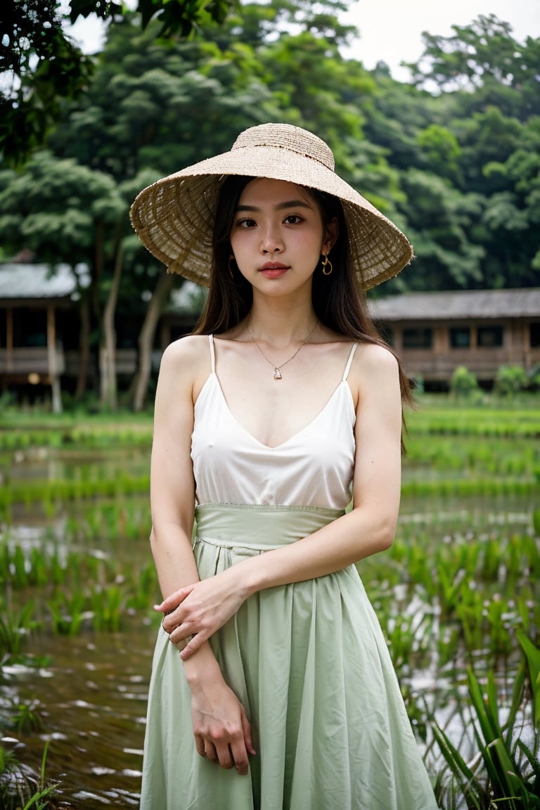 (8K, Ultra high res:1.1) Nguyen, an 18-year-old Vietnamese girl, stands amidst the serene beauty of a rice paddy field. She wears a traditional áo bà ba and a Non La (conical hat), symbolizing her connection to Vietnamese culture. The high-resolution image captures ultra-detailed realism, highlighting Nguyen's captivating brown eyes, flawless complexion, and long black hair. The lush green rice paddies and the gentle breeze create a tranquil ambiance, emphasizing Nguyen's appreciation for nature and her Vietnamese heritage.