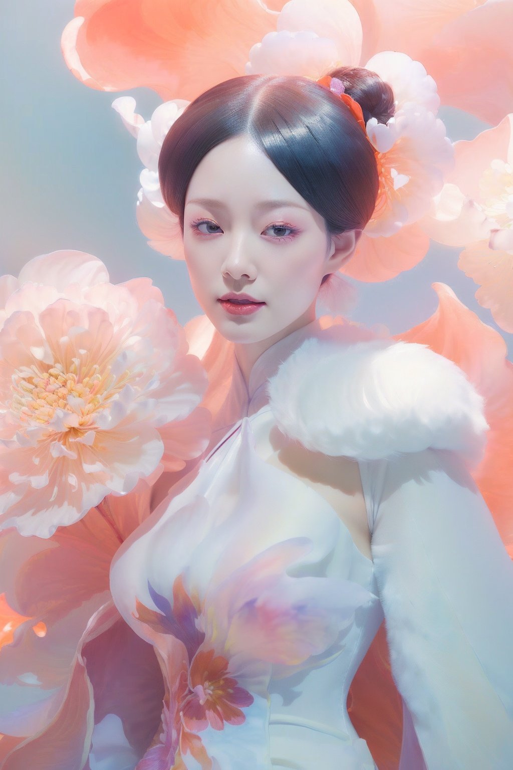 1girl, (cowboy shot:1.5), dynamic pose, beautiful chinese girl, detailed face, asymmetrical bangs, (double buns, hair flower, facing viewer, small face, (happy, smile, dimple, red eyes), lipstick, brush, long winged eye liner, long eyelashes, nose contouring, symmetrical eyes, chiselled jaw line),((large breasts:1.4), defined abs, narrow waist), (nice hands, perfect hands), (chinese dress, white fur red cape:1.5), high detail skin, real skin, (sky, cloud, mountain, falling flower petals, cherry blossoms, backlighting:1.4), (masterpiece, top quality, best quality, official art, beautiful and aesthetic:1.2), extreme detailed,((colorful refraction)), (beautiful detailed sky), Life optical flow,((dark intense shadows)), ((cinematic lighting)), ((sharp focus)), ((masterpiece)), ((best quality)), epic cinematic, soft nature lights, rim light, absurd, amazing, funny, itricate, hyper detailed, ultra realistic, soft colors