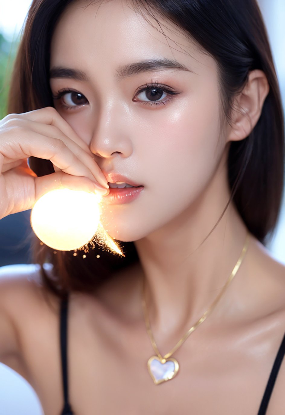 JeeSoo, 1 girl, detailed face, a woman with long black hair and a black shirt (((Nsfw))), outdoor scene, (night light),  led lighting, magnificent light, ((fire works)), close up, portrait, upperbody, RAW, (intricate details:1.3), (best quality:1.3), (masterpiece:1.3), (hyper realistic:1.3), best quality, 1 girl, ultra-detailed, ultra high resolution, very detailed mphysically based rendering, dynamic angle, dynamic pose, wind, 8K UHD, Vivid picture, High definition, intricate details, detailed texture, finely detailed, high detail, extremely detailed cg, High quality shadow, a realistic representation of the face, beautiful detailed, (high detailed skin, skin details), slim waist, beautiful and realistic and detailed hands and fingers:1, best ratio four finger and one thumb, (detailed face, detailed eyes, beautiful face), ((korean beauty, kpop idol, ulzzang, korean celebrity, korean cute, korean actress, korean, a beautiful 18 years old beautiful korean girl)), (high detailed skin, skin details), Detailed beautiful delicate face, Detailed beautiful delicate eyes, a face of perfect proportion, (beautiful and realistic and detailed hands and fingers:1.3), (Big breasts:1.3), (full body shot:1.3), (long legs:1.3), (sparkling eyes:1.3), (sparkling lips:1.3), taken by Canon EOS, SIGMA Art Lens 35mm F1.4, ISO 200 Shutter Speed 2000, Vivid ((korean beauty, kpop idol, ulzzang, korean celebrity, korean cute, korean actress, korean, 인스타 여신:1.3, a beautiful 18 years old beautiful korean girl)), (blue eye), (black long hair),chanel_jewelry, chanel_bag, vancleef_necklace,Nice legs and hot body, see-through,hourglass bodyshape 