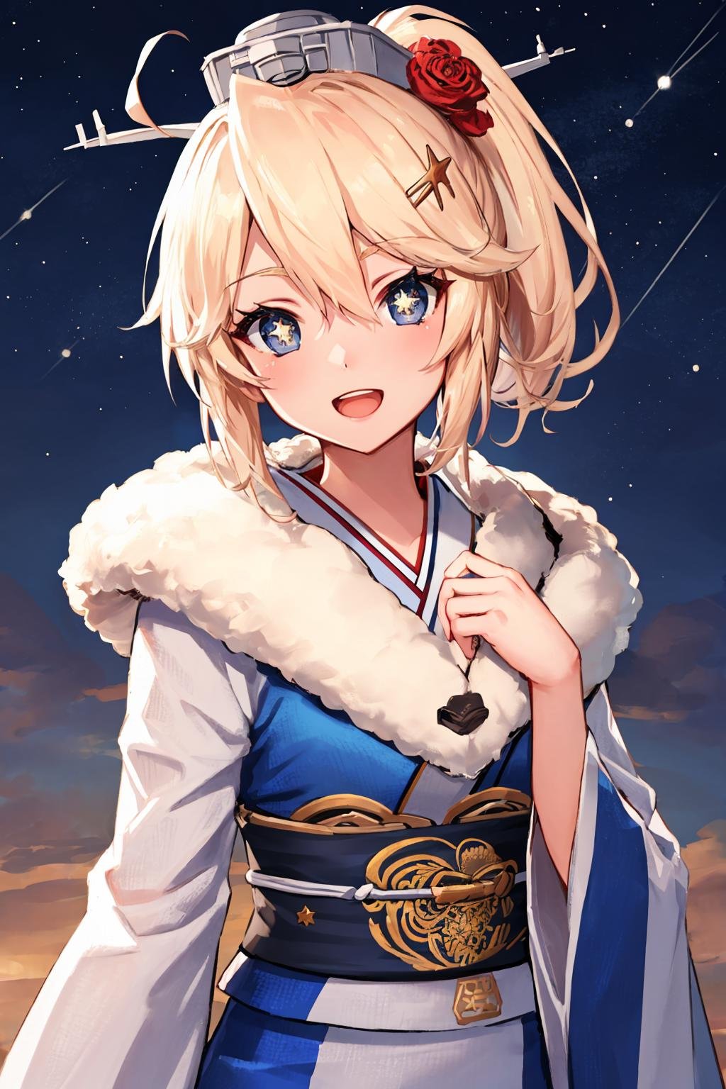 masterpiece, best quality, <lora:iowa-nvwls-v1-000009:0.8> nyIowa, short hair, ponytail, (star-shaped pupils:1.4), headgear, hair flower, blue kimono, wide sleeves, fur trim, looking at viewer, night sky, upper body, hand to heart, :D