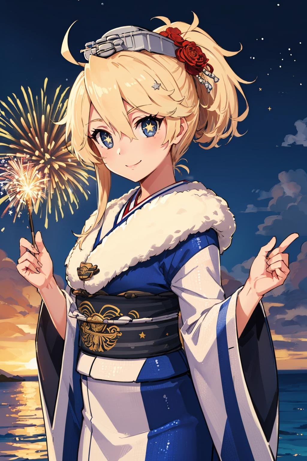 masterpiece, best quality, <lora:iowa-nvwls-v1-000009:0.8> nyIowa, short hair, ponytail, (star-shaped pupils:1.4), headgear, hair flower, blue kimono, wide sleeves, fur trim, looking at viewer, night, ocean, fireworks, smile