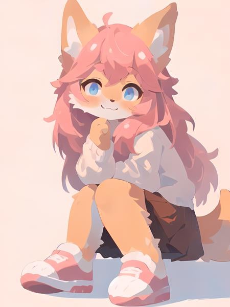 full body, white sweater, long brown skirt, long hair, pink fur, pink hair, (white background:1.3), sneakers, looking at viewer, sitting, smile, blue eyes, (best quality, masterpiece, illustration, ultra-detailed:1.3), (uploaded on e621, furry, anthro, kemono:1.3)