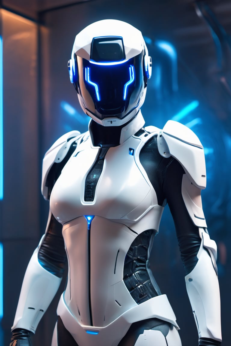 female sci-fi white military cyborg, detailed helmet, detailed mask, white Teflon armor, cyberpunk, neon blue, neon ray blue, white technical room background, blue energy beam background, blue neon light, 3D renderer, blender renderer, ray tracing, the highest quality, the highest detail, fantasy movie style, volume lighting, Bokeh, Long Exposure, 8K, HDR, Triangle, Hexagonal, Flexible Polyhedron, Geometric, Teflon, Mist, Plasma, --no face, hair, fabric, clothes
