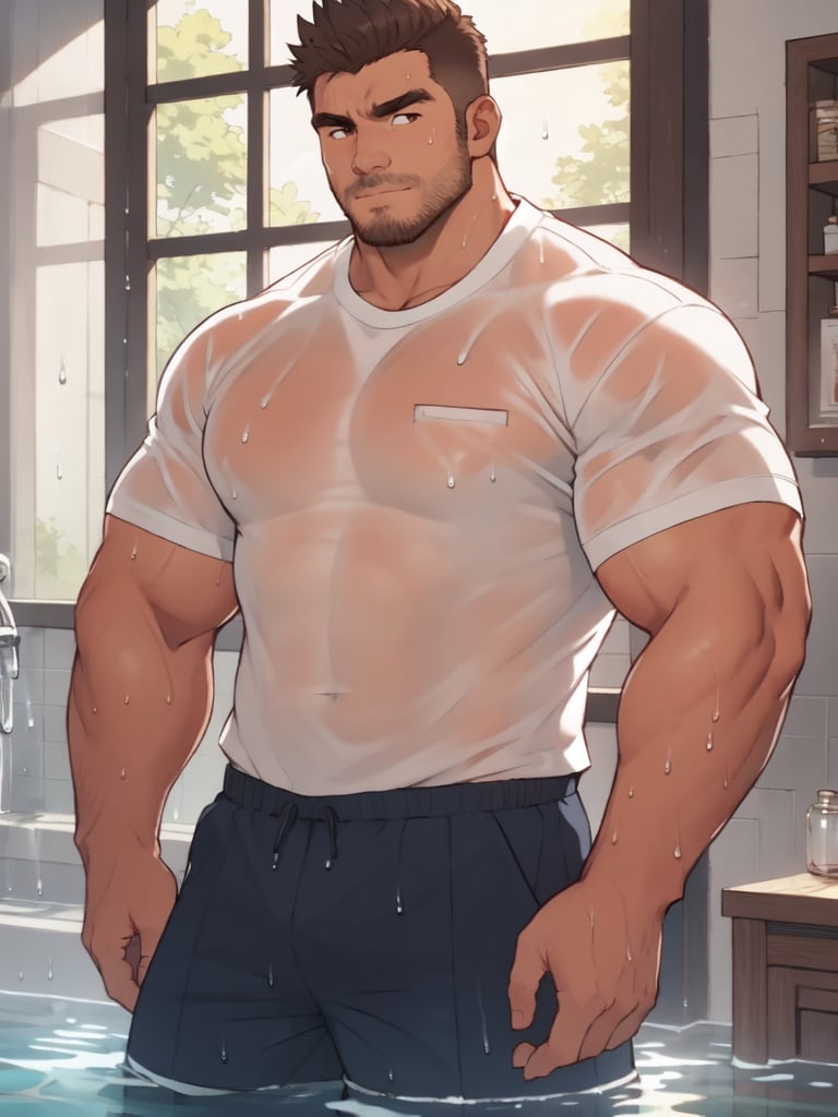 Best quality, masterpiece, ultra high res, detailed background, game_cg, muscular male, mature male, male focus, bara, bara daddy, facial_hair, thick thighs, thick arms, Wearing a wet white shirt, translucent clothes, looking at viewer, sweat, There is a beautiful scenery outside the window