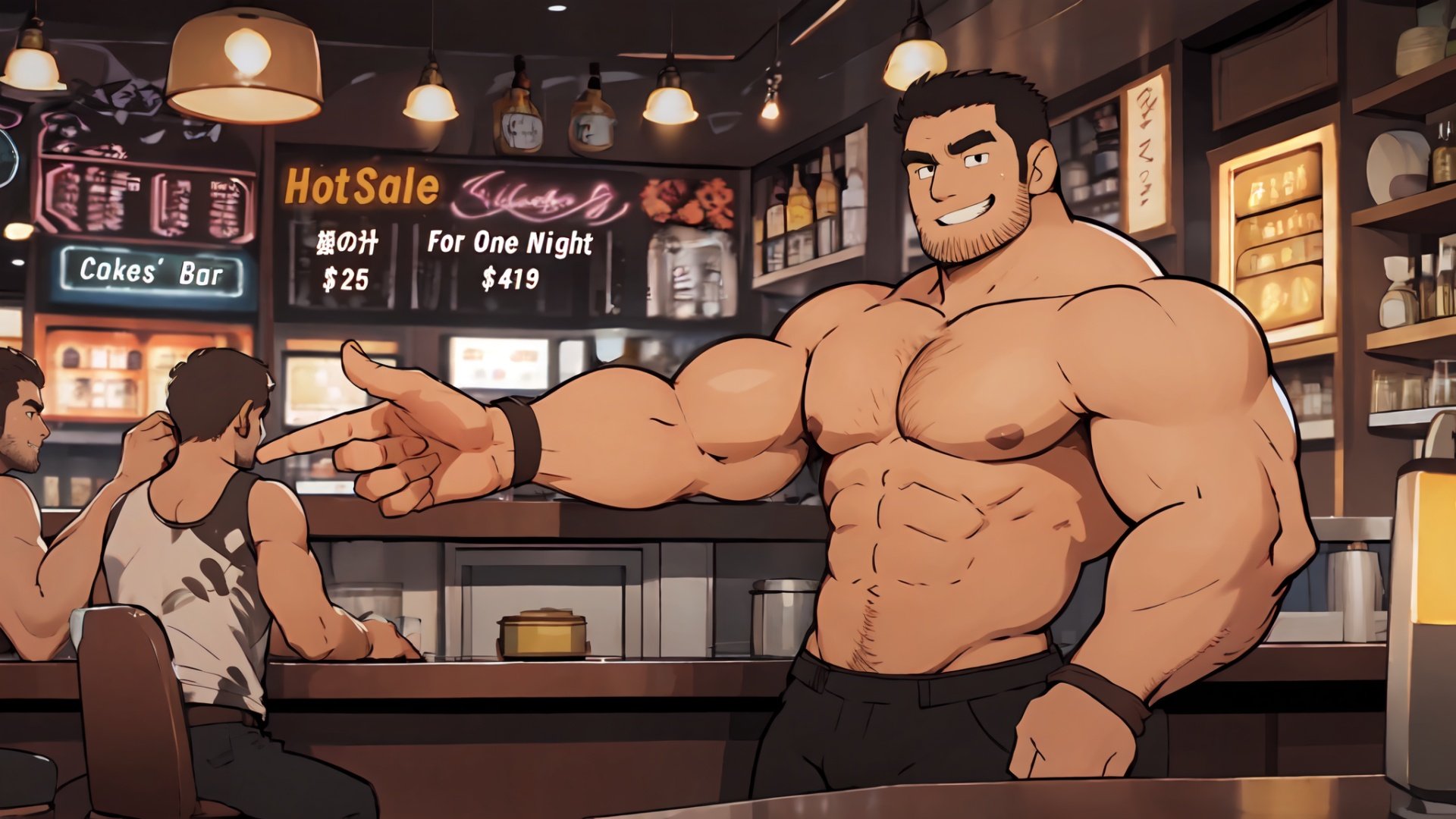 full body, Best quality, masterpiece, ultra high res, detailed background, game_cg, mature male, muscular male, bara, thick thighs, thick arms, solo, at the bar, holding a bottle, smile, neon lights, topless, dynamic_pose, <lora:lucaslee-10:0.9>, standing, full_body