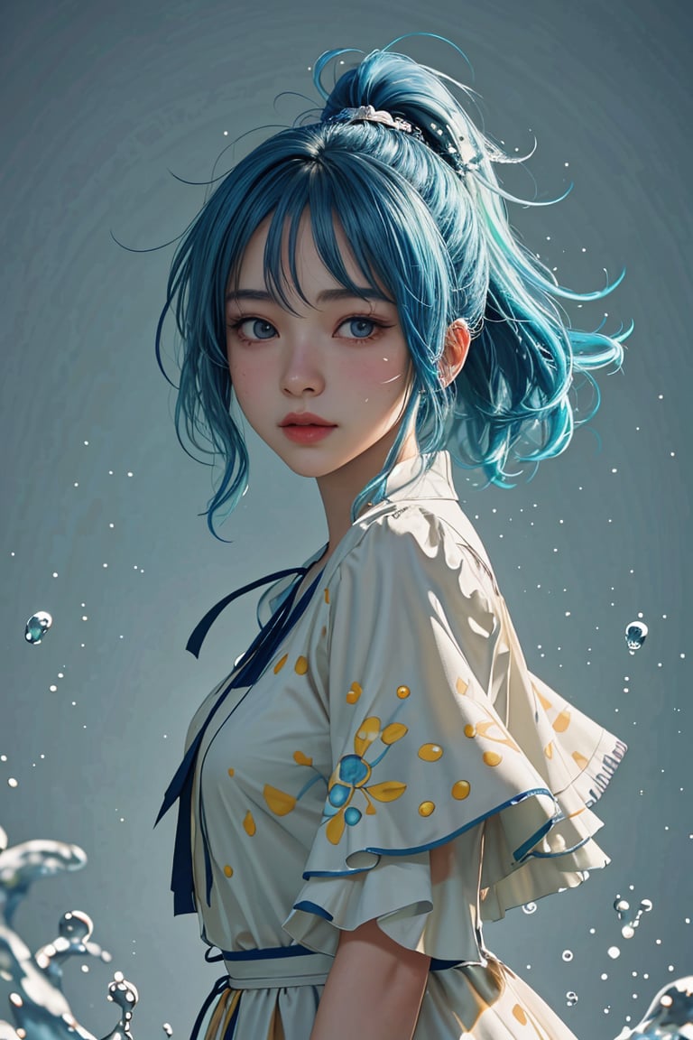 (masterpiece),  (best quality),  (ultra detailed), (disheveled hair), (illustration),  (1girl),  (Fashionable clothing),  standing,  Fashion model,  looking at viewer,  (interview),  (simple background), beautiful detailed eyes,  delicate beautiful face,  Floating, (high saturation), (colorful splashes), colorful bubble, (shining),  focus on face,  ponytail,  kamisato ayaka,  light blue hair,  bangs,  hair ring,  floating flowers,  floating hairs,  (shining),  best lighting,  best shadow,<lora:EMS-89307-EMS:0.800000>