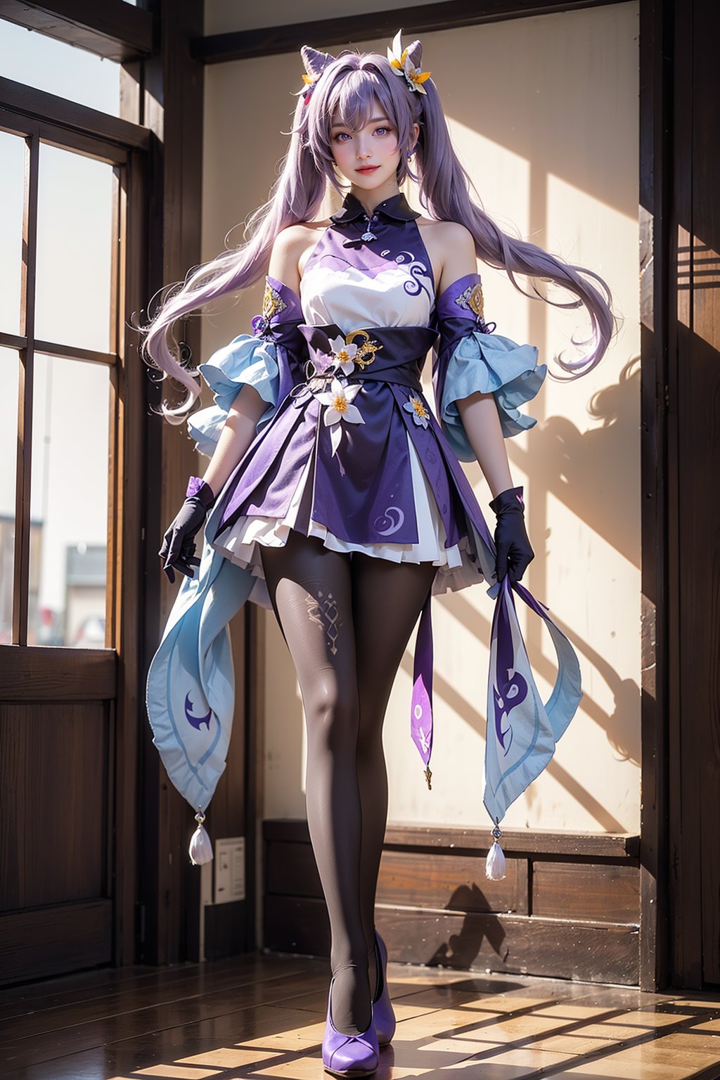  keqing \(genshin impact\), keqing \(genshin impact\) \(cosplay\),
21yo girl, solo, looking at viewer, indoors,
(full body, very long legs, narrow waist, grin:1.25), (wide shot, wide angle, from below, full body shot),

(purple hair, bangs, cone hair bun, double bun, hair flower, hair ornament, twintails, purple_eyes:1.25),
bare shoulders, large breasts, purple dress, detached_sleeves, purple gloves, short sleeves,
(black pantyhose, purple high_heels),
jewelry, earrings,

HDR, Vibrant colors, surreal photography, highly detailed, masterpiece, ultra high res,
high contrast, mysterious, cinematic, fantasy, bright natural light,