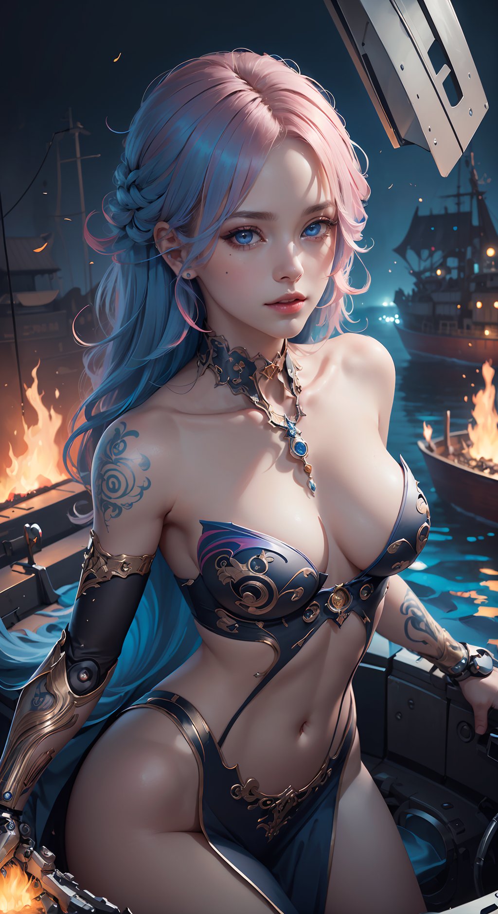 (Masterpiece,  best quality,  official art,  beauty and aesthetics :1.2),  extreme detail,  (fractal art),  colorful,  highest detail,  ((mechanical retouching)),  (embellished),  (1 lady,  solo,  whole body),  (Side :1.2),  gorgeous,  colorful,  ((detailed eyes)),  collarbone,  ([pink | blue] hair),  long hair,  (sides up :0.8),  Magic,  (chuckle :0.6),  Shadow,  boat background,  fire element,  Tattoo