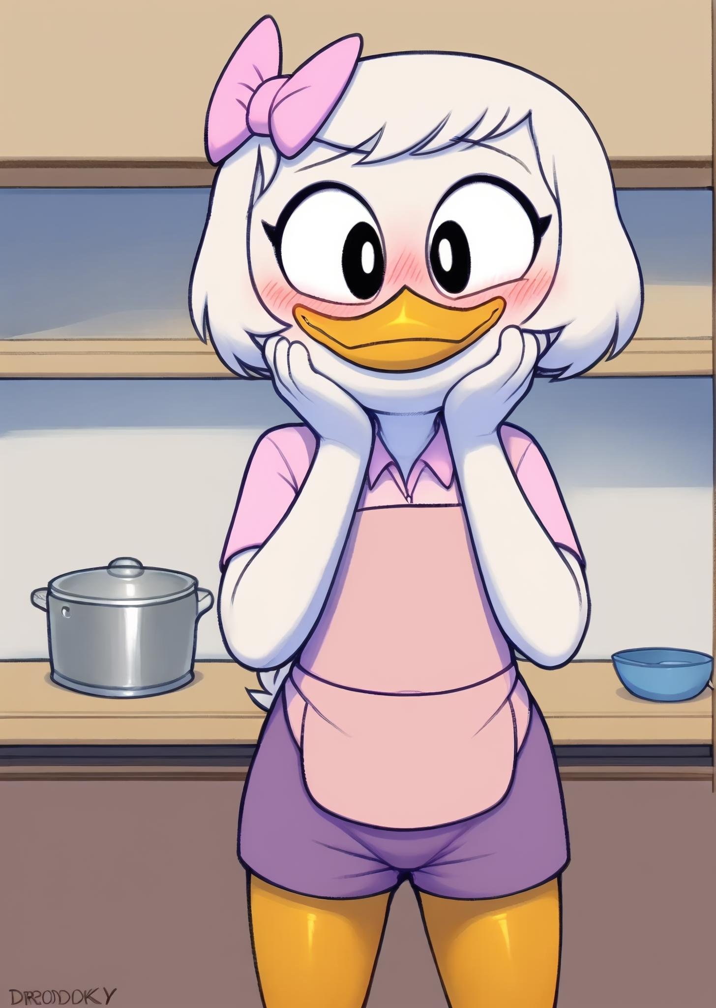 <lora:Webby Vanderquack V1:0.55>  (by drockdraw:1.2) (by chelodoy:1) (by ashraely:1) webby vanderquack, white skin, white hair, beak, (orange legs:1.2) ducktales, scut tail, short hair, (pink dress shirt, purple shorts:1.2) (pink apron:1.4) (bow accessory, pink bow:1.1) clothed, hands on face, black eyes, glistening eyes,  eyeliner, smile, blush lines, mouth closed:1.3, young, standing, (inside, kitchen, standing in front of countertop:1.3) 