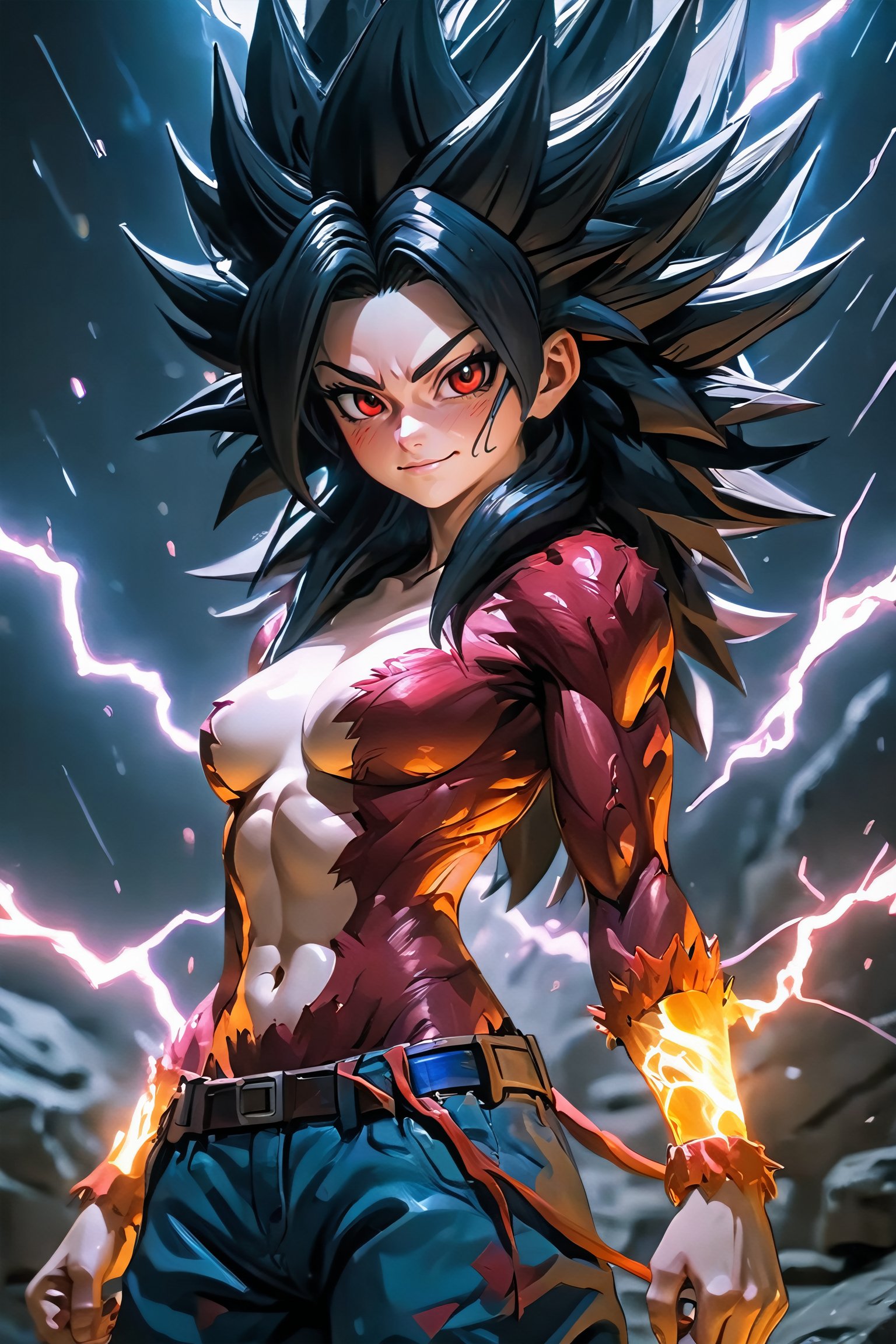  young anime girl, arch lightning, electricity, aura, 
Super_Saiyan_4_Caulifla, 1girl, (crop top:1), long black hair, body fur, red fur, solo, smile, smug, (clenched_fist:1), looking at viewer, cowboy shot, 
hyperdetailed painting, luminism, art by Carne Griffiths and Wadim Kashin concept art, 4k resolution, fractal isometrics details bioluminescens , 3d render, octane render, intricately detailed , cinematic, trending on artstation, awesome full color,  glowing, aura, energy, beam, flying debris, [serious|angry], floating hair,