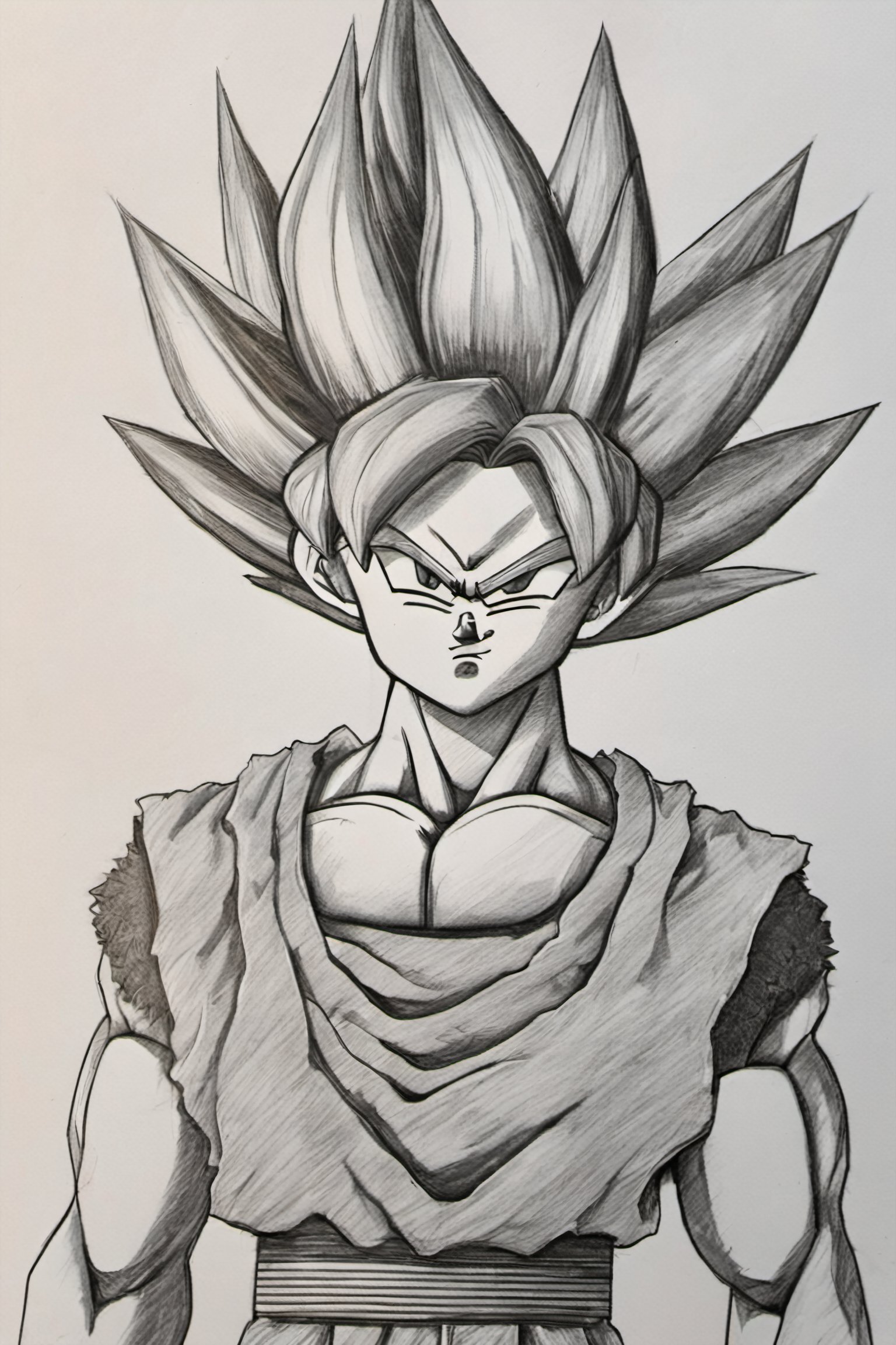 ((masterpiece,best quality)), (Pencil_Sketch:1.2, messy lines, greyscale, traditional media, sketch), unfinished, hatching (texture), solo, looking at viewer, simple background, 1boy, closed mouth, upper body, male focus, energy,  spiked hair, serious, dougi, saiyan
