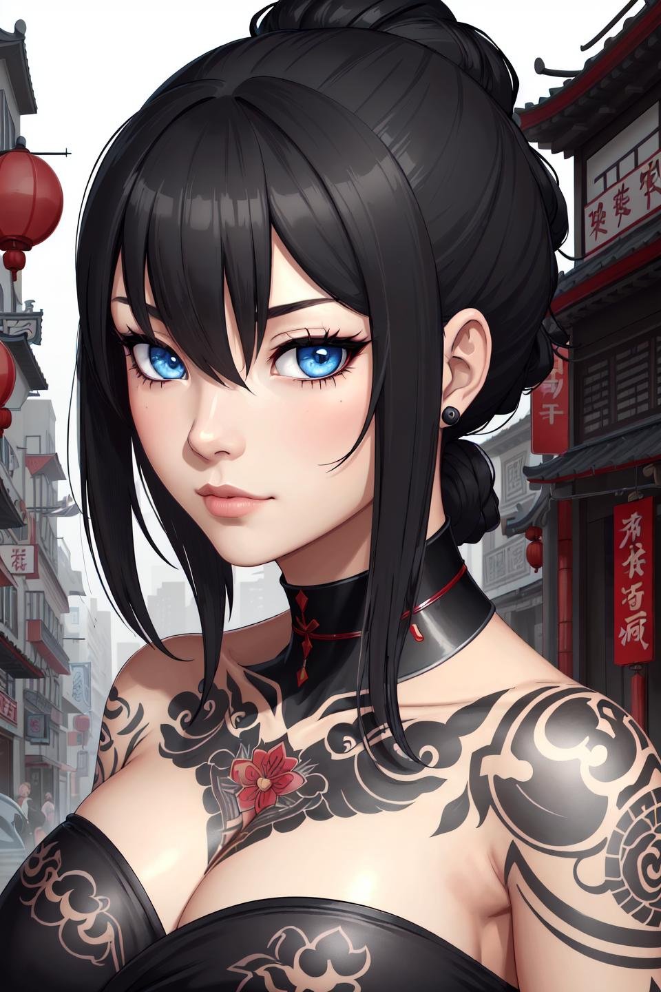 (close up portrait) of a courtesan with a tattoo on her shoulder looking at the viewer,  blue eyes,  black hair by tiop997...