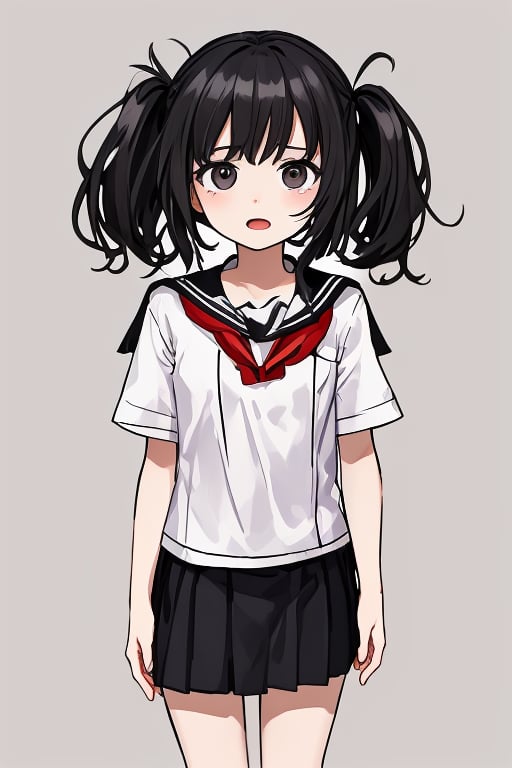 
1girl, 
(masterpiece, best quality:1.2), 
standing, 
(child:1.2),
(school uniform:1.1),
(open mouth:1.1),
(View front:1.1),
(looking at biewer:1.1),
(simple background:1.7),
(Black hair:1.1),
