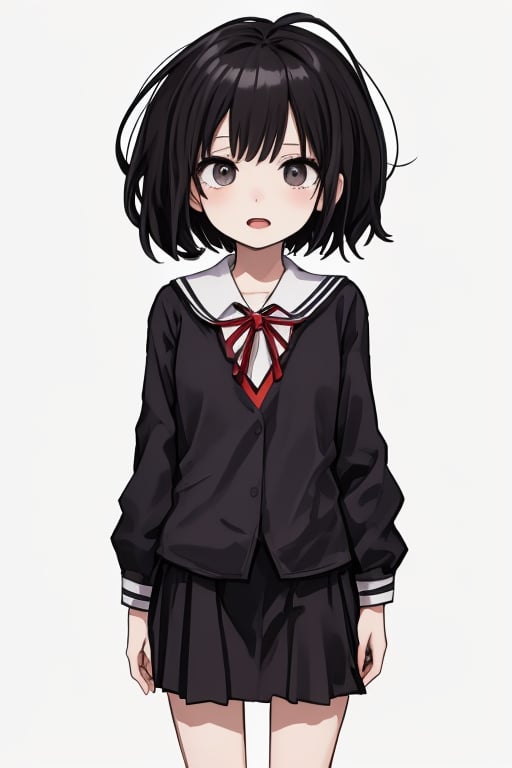 
1girl, 
(masterpiece, best quality:1.2), 
standing, 
(child:1.2),
(school uniform:1.1),
(open mouth:1.1),
(View front:1.1),
(looking at biewer:1.1),
(simple background:1.7),
(Black hair:1.1),
