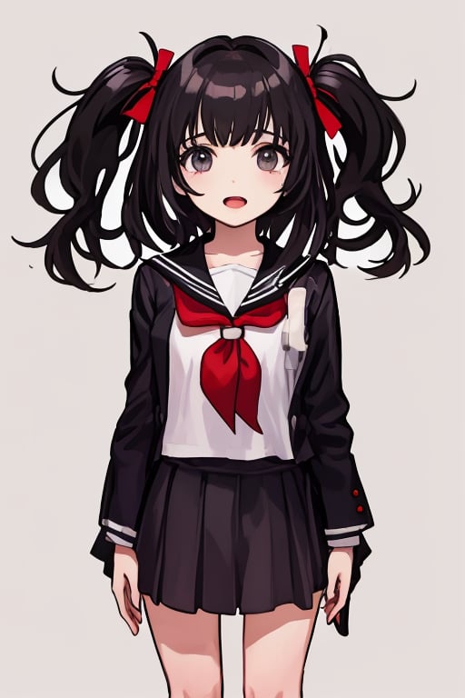 
1girl, 
(masterpiece, best quality:1.2), 
standing, 
(child:1.2),
(school uniform:1.1),
(open mouth:1.1),
(View front:1.1),
(looking at biewer:1.1),
(simple background:1.7),
(Black hair:1.1),
