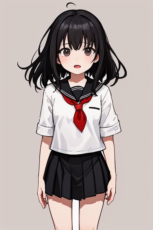 
1girl, 
(masterpiece, best quality:1.2), 
standing, 
(child:1.2),
(school uniform:1.1),
(open mouth:1.1),
(View front:1.1),
(looking at biewer:1.1),
(simple background:1.7),
(Black hair:1.1),
