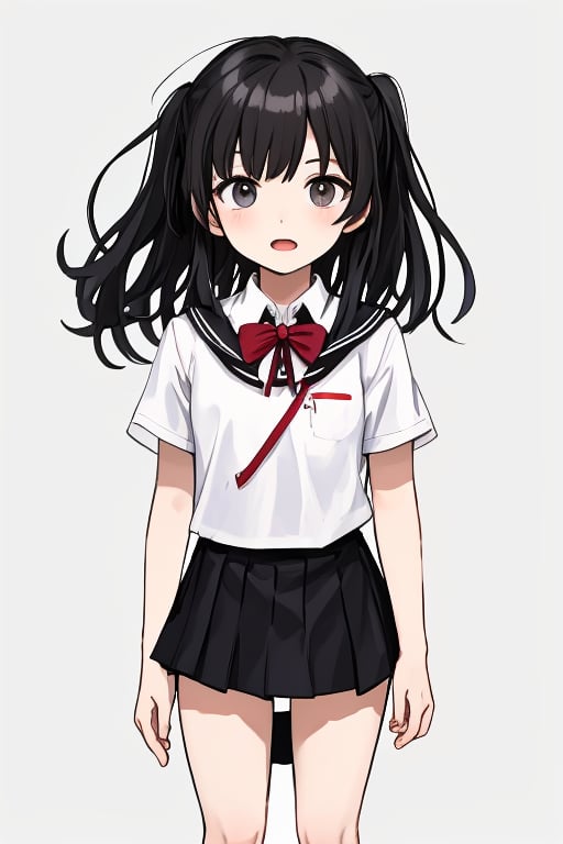 
1girl, 
(masterpiece, best quality:1.2), 
standing, 
(child:1.2),
(school uniform:1.1),
(open mouth:1.1),
(View front:1.1),
(looking at biewer:1.1),
(simple background:1.7),
(Black hair:1.1),
