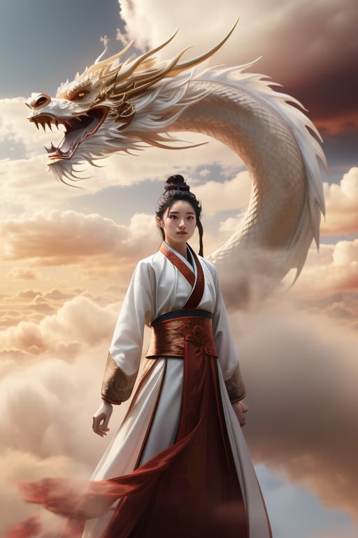 masterpiece, best quality, concept_dragon photo, 1girl, hanfu fashion, chinese dragon, eastern dragon, Brown theme, volumetric lighting, ultra-high quality, photorealistic, clouds background <lora:concept_dragon_final:1>