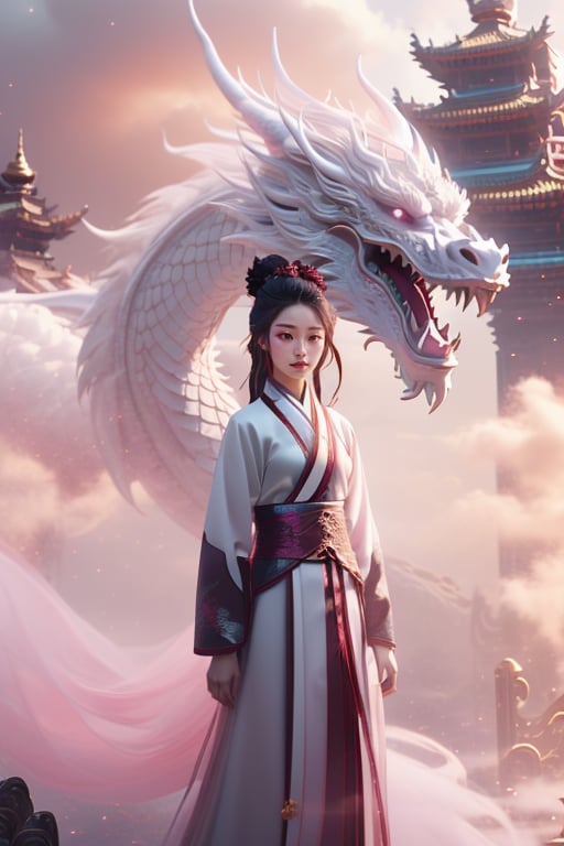 masterpiece, best quality, concept_dragon photo, 1girl, hanfu fashion, chinese dragon, eastern dragon, pink theme, volumetric lighting, ultra-high quality, photorealistic, temples background <lora:concept_dragon_final:1>