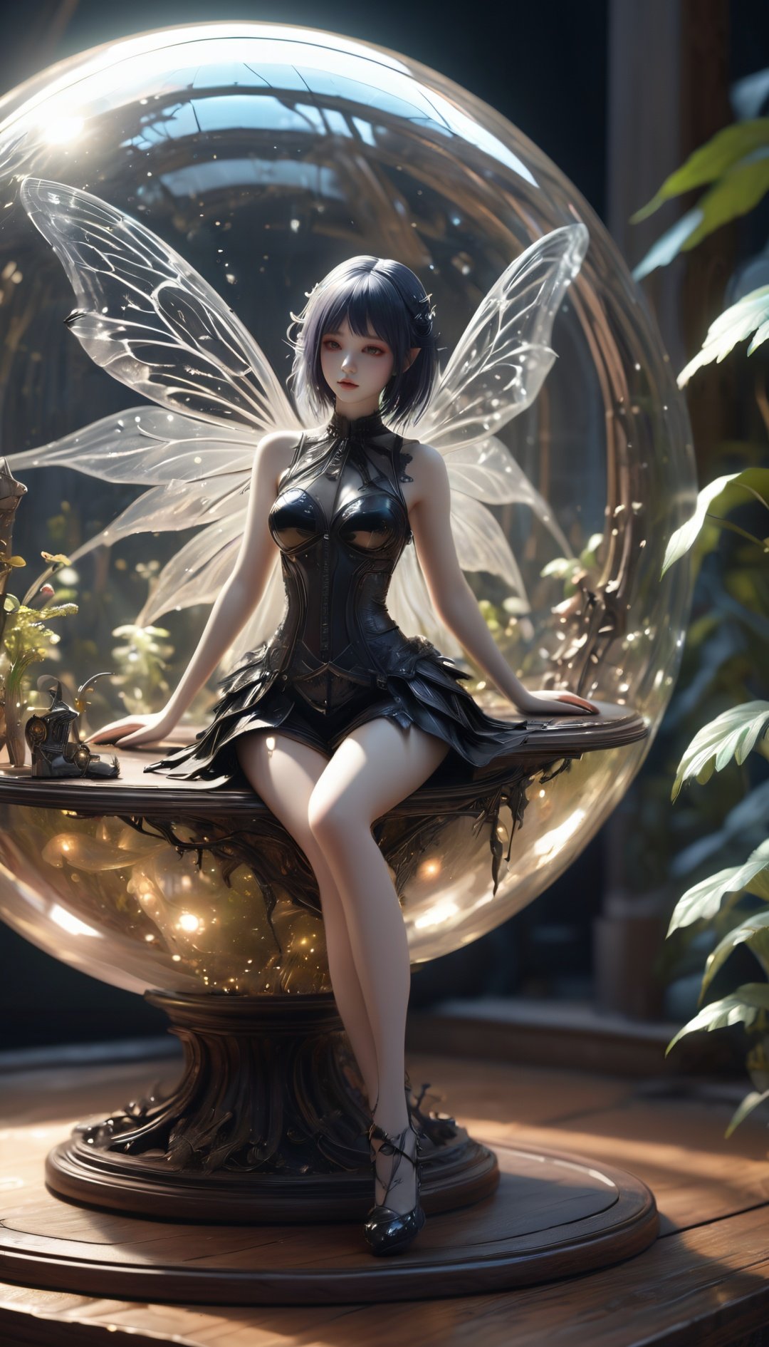 ((intricate details, hyperdetailed)),RAW,F/x 1,photorealistic,Hyper-realism,ambient occlusion,light defraction,depth of field,3D,hdr,8k,raytracing,realistic shadow,volumetric light,bloom,(Large Tall sealed glass spherical biosphere with ((goth fairy)) wearing tattered black bikini armor,symmetrical black wings),(miniature figure),fairy inside spherical biosphere,sitting on a beautiful old polished wooden desk,rustic office background,wood,brass,realistic glass,scattered adventurers gear,amber dim lighting,best quality,beautiful composition,concept art,masterpiece,intricate,octane render,award winning photograph,trending on artstation,unreal engine 5,original,